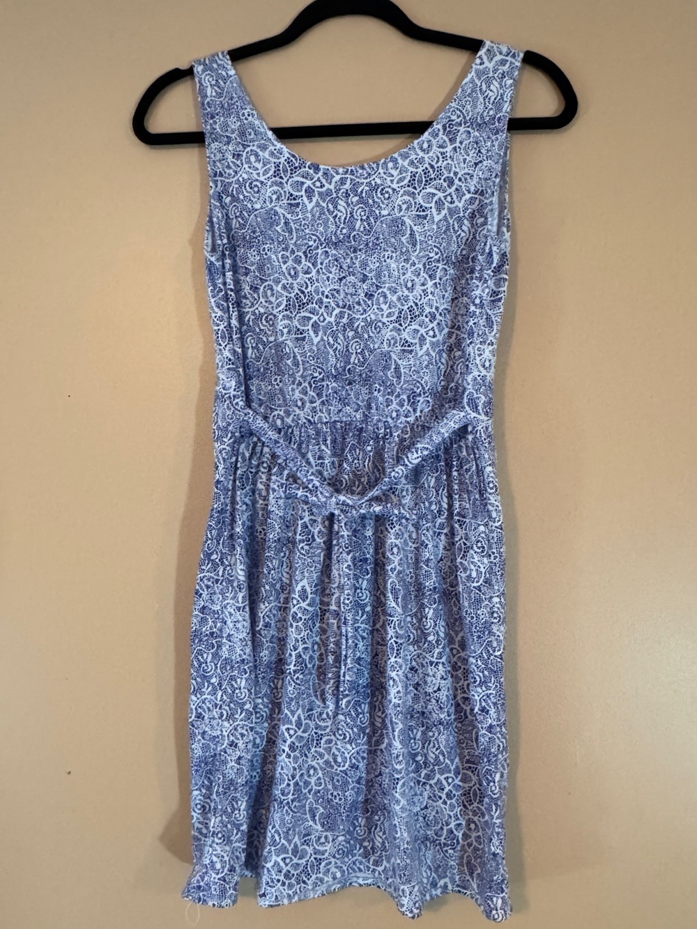 Blue and White Sleeveless Lace-Pattern Sundress